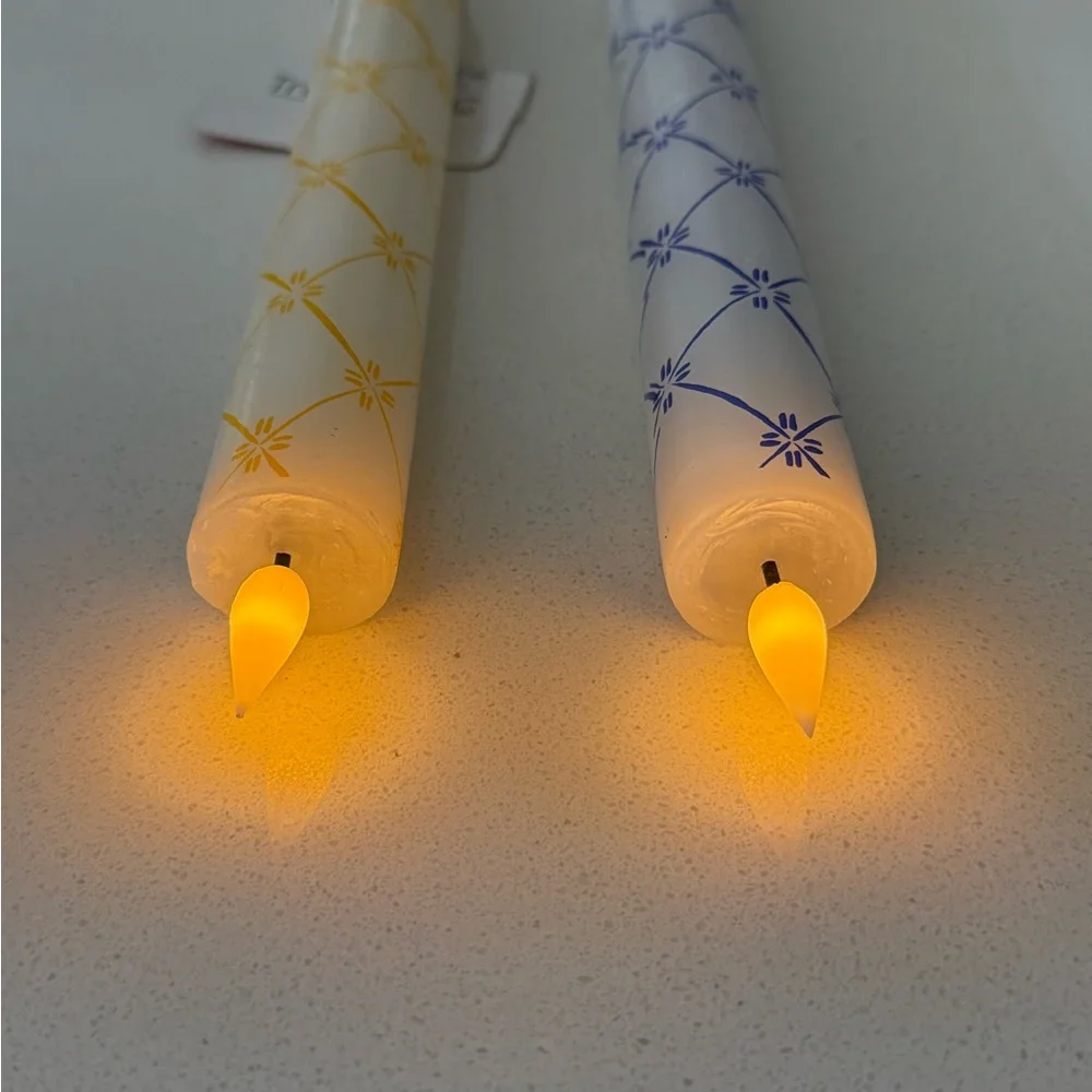Flameless Candle Tapers Blue Yellow New Set‎ Of 2 11”